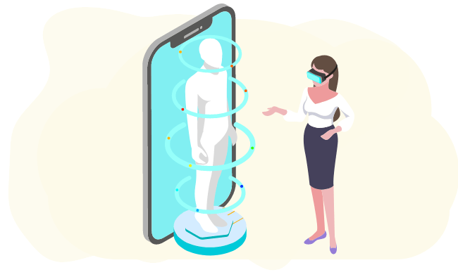 Ilustración de mujer con visor de RV y dispositivo